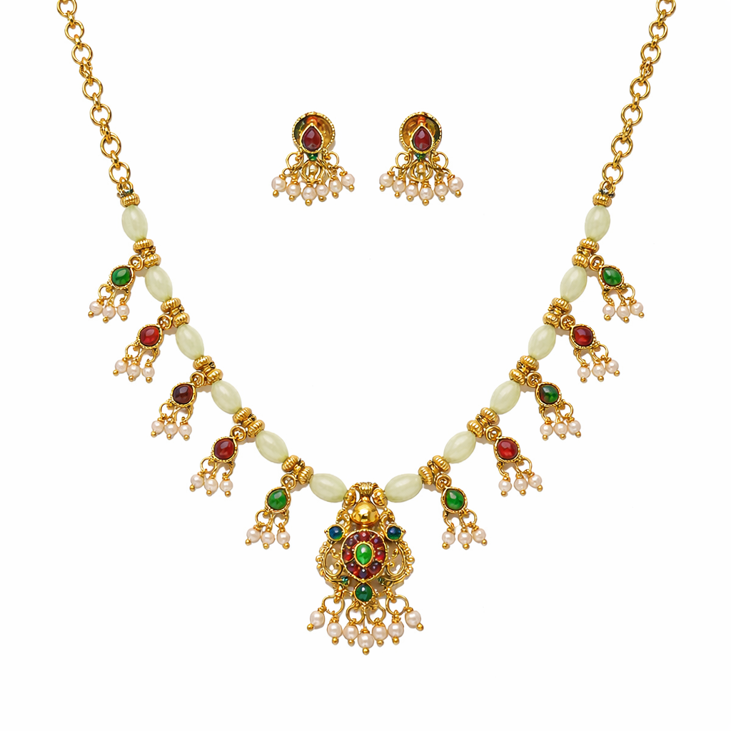 Vaishnavi – Pearl Navratna Bead Necklace Set