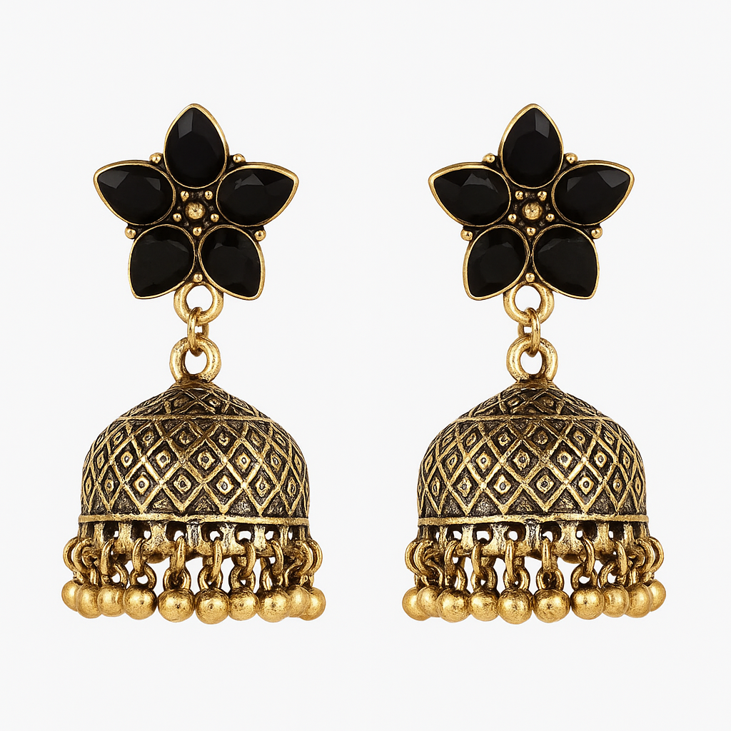 Black Floral Jhumka Earrings