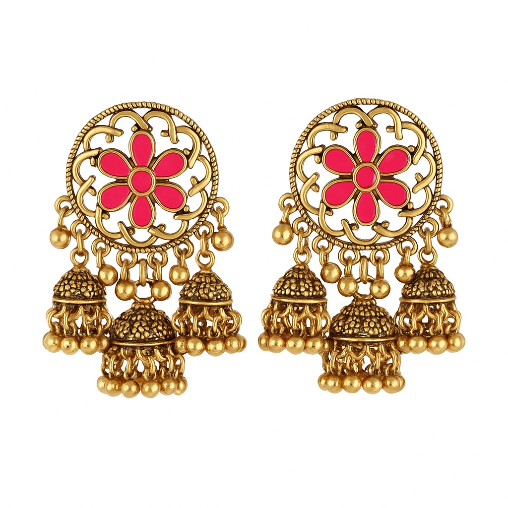 Pink Floral Jhumka Earrings