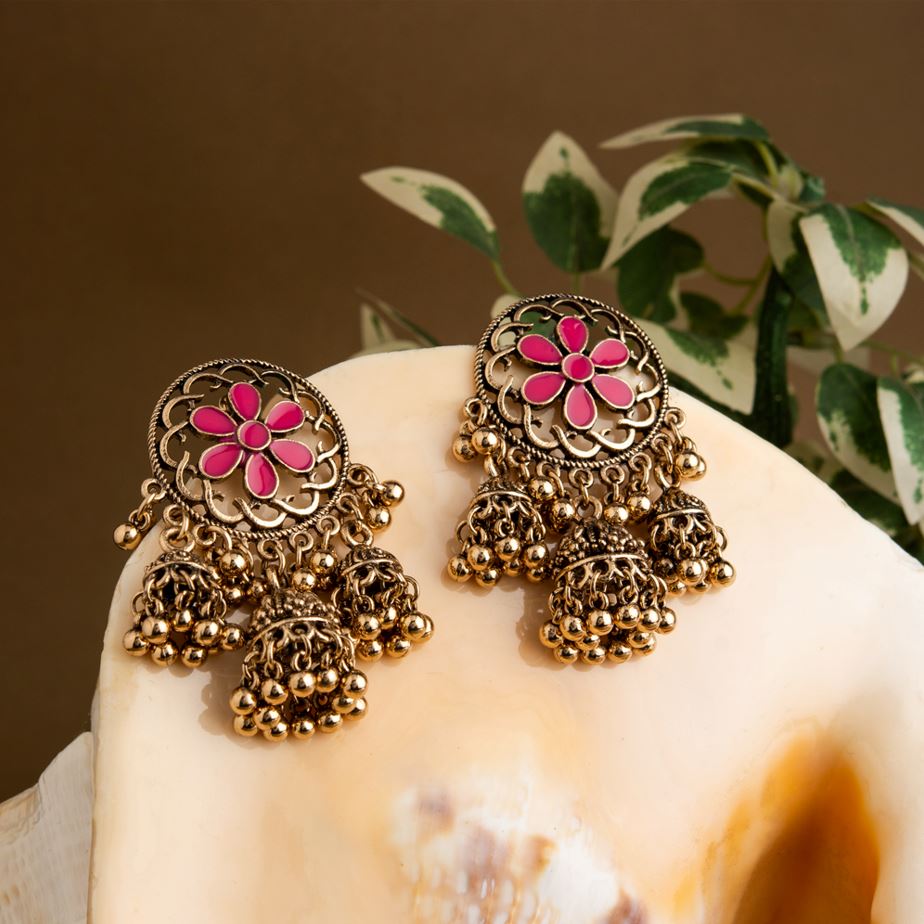 Pink Floral Jhumka Earrings