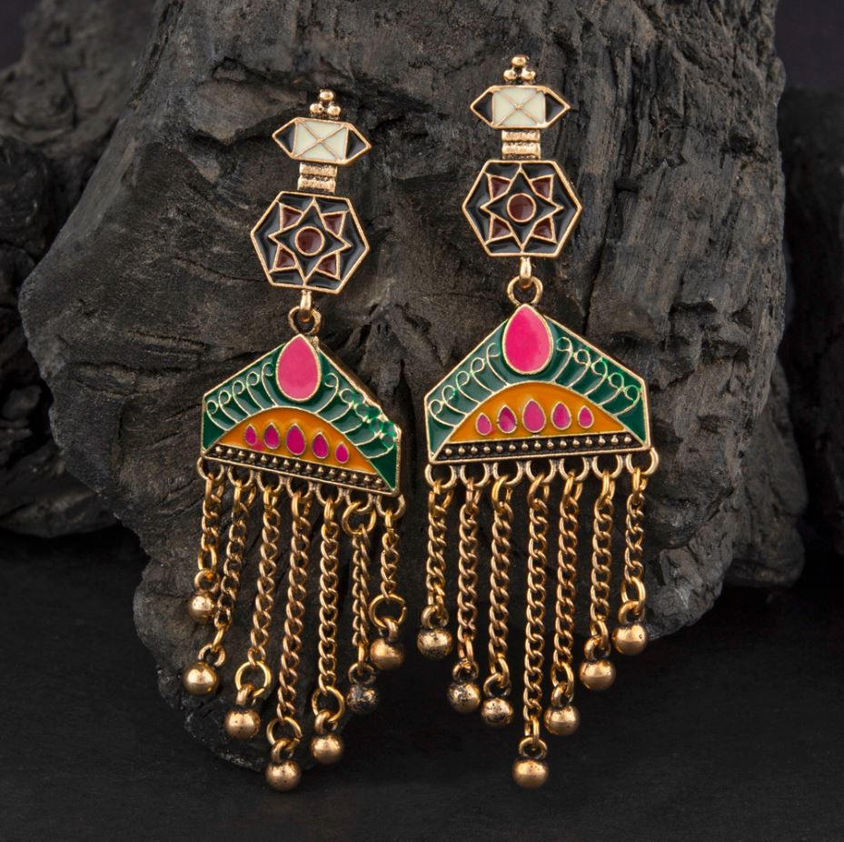 Enamel Fringe Earrings - Green & Pink