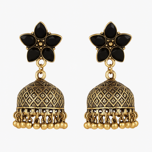Black Floral Jhumka Earrings