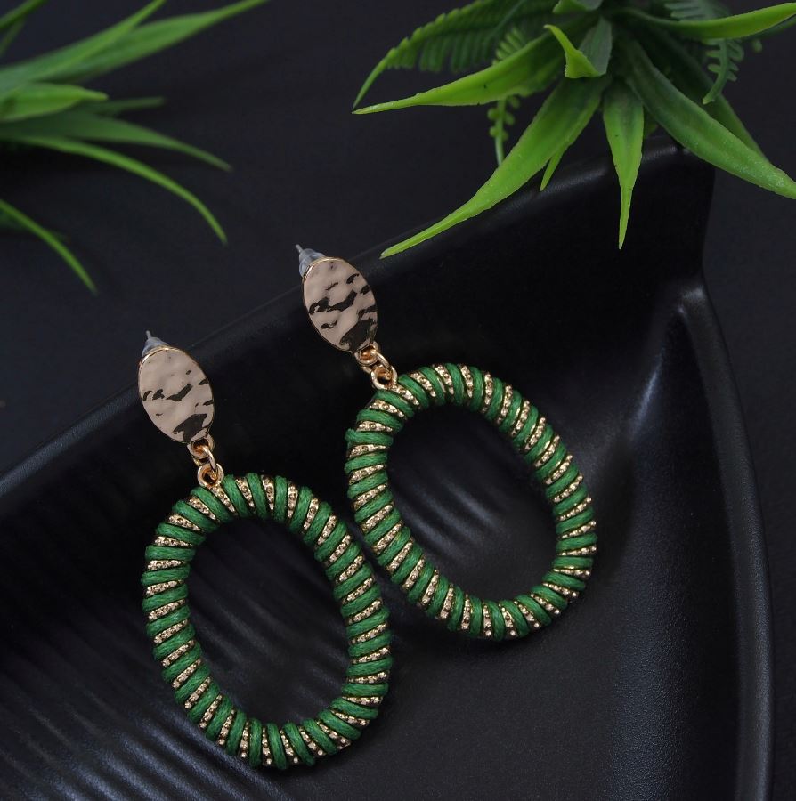 Green Thread Wrapped Oval Earrings