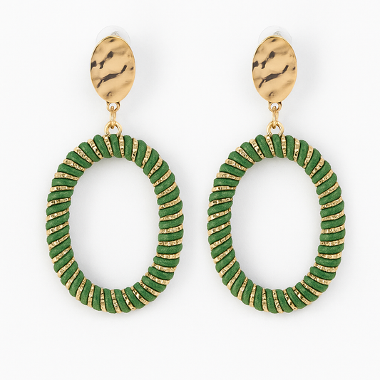 Green Thread Wrapped Oval Earrings