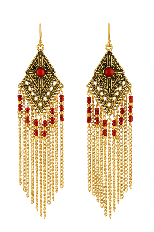 Red Beaded Tassel Drop Earrings