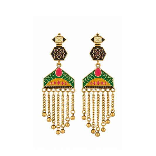 Enamel Fringe Earrings - Green & Pink