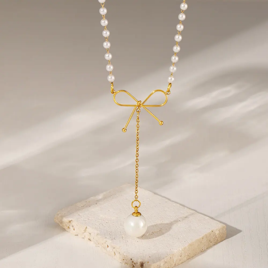 Serena Pearl Bow Lariat Necklace