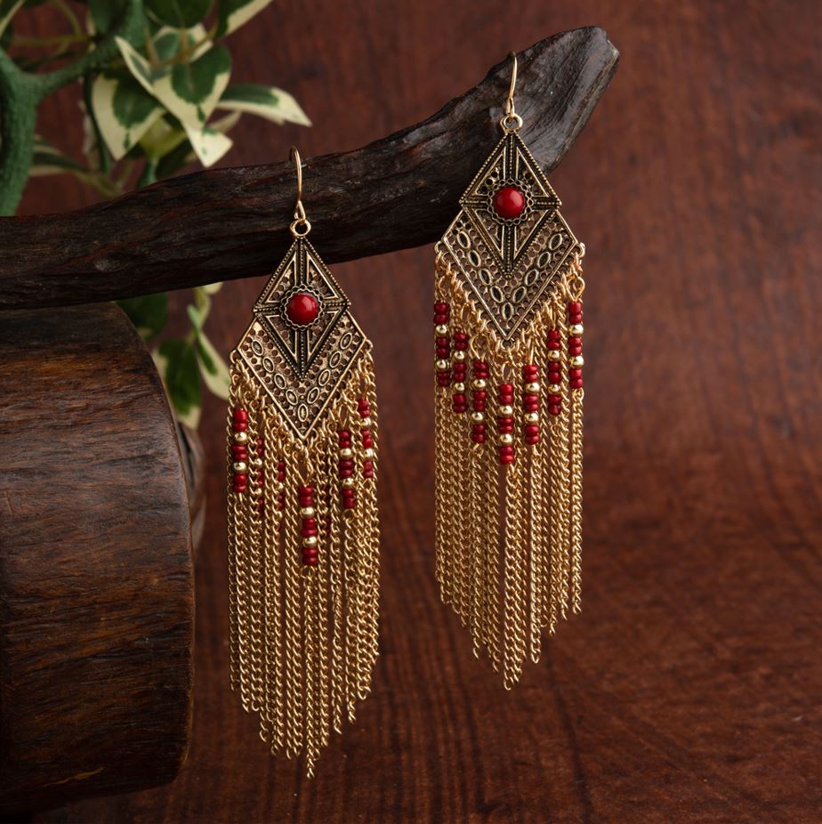 Red Beaded Tassel Drop Earrings