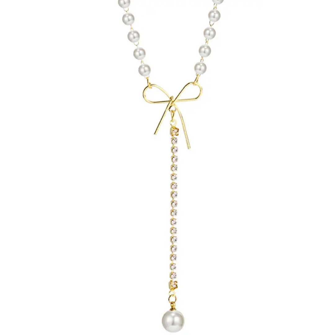 Serena Pearl Bow Lariat Necklace