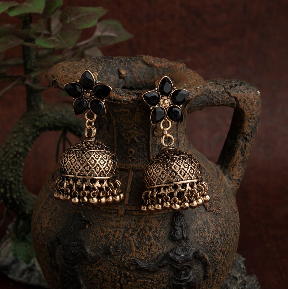 Black Floral Jhumka Earrings